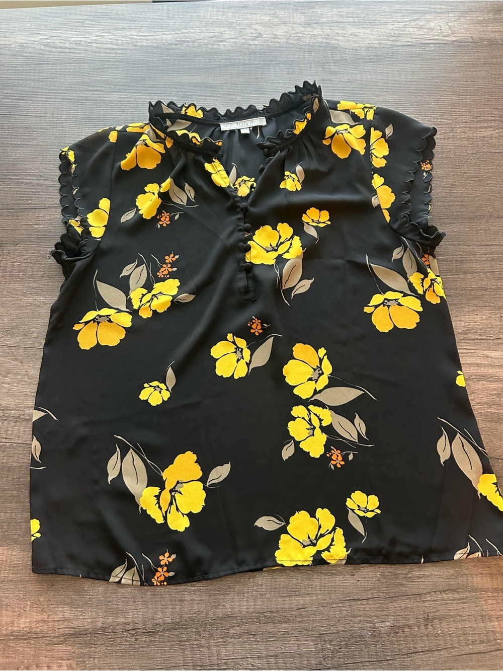 Daniel Rainn Black Blouse with Yellow Floral Print